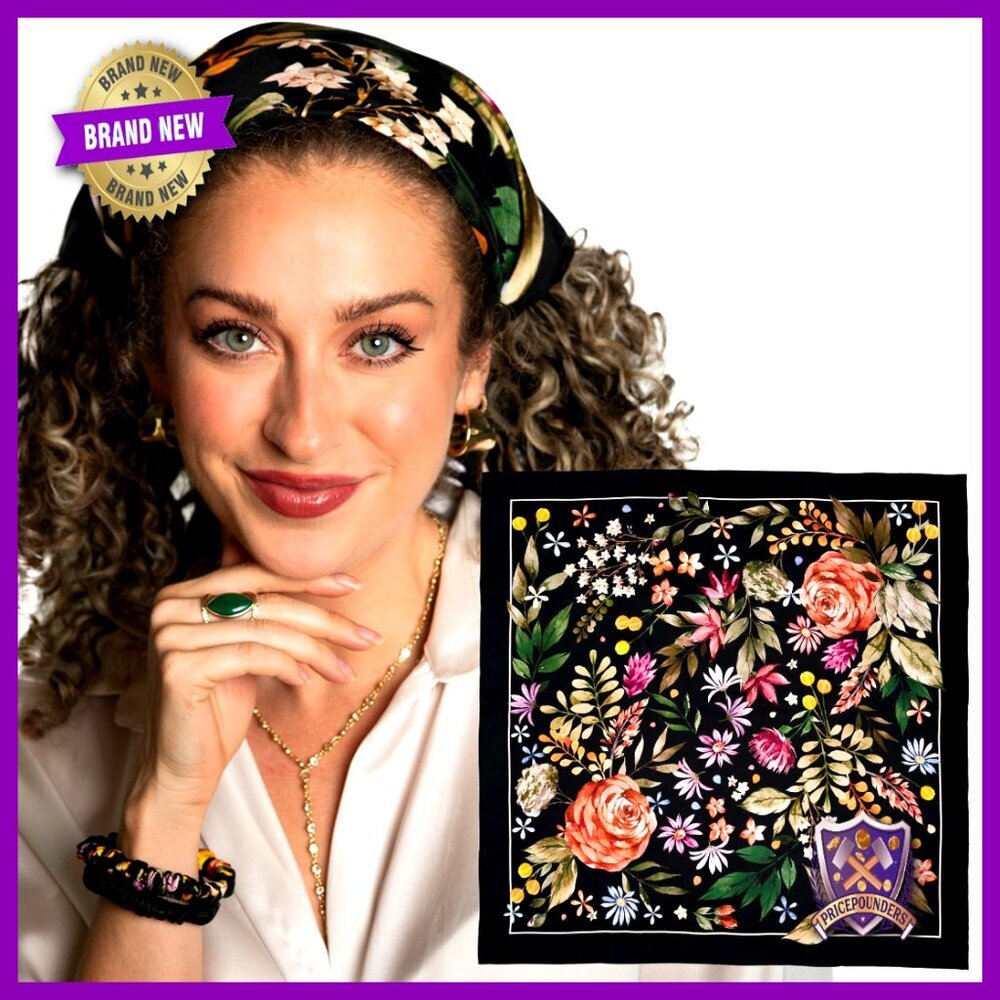 35x35 Silk Hair Scarf Wrap, Mulberry Silk, Double-Sided Floral Print